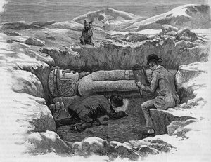 Entdeckung der kolossalen Statue von Ramses II. Hieroglyphen werden mit einer Spiegelreflexion berechnet. Gravur von 1886