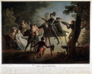 Don Quixote und Sancho auf einem Holzpferd