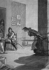 Dragonnaden (1685-1686) - Folter einer protestantischen Familie: Soldaten des Königs, Drachen, halten ein Baby, während ihre Mutter an einen Pfahl gebunden ist. Gravur des 19. Jahrhunderts. In „Histoire de France“ von Jules Michelet. von Unknown artist