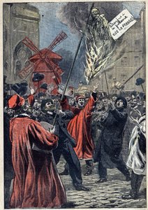 Dreyfus-Affäre - Paris - 1898: antisemitische Demonstration in Montmartre. Eine Effigie von Martin Dreyfus, Alfreds Bruder, wird auf dem Platz verbrannt, mit einem Schild um den Hals: „Dreyfus hat den Galgen. Es lebe Frankreich!“ Illustration in „Le Peleri