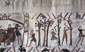 Herzog Wilhelm befahl den Bau von Schiffen, Bäume wurden gefällt - Teppich von Bayeux, bekannt als Stickerei der Königin Mathilde