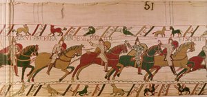 Herzog Wilhelm ermahnt seine Truppen, sich weise wie Männer auf die Schlacht gegen die englische Armee vorzubereiten, Teppich von Bayeux (Wollstickerei auf Leinen)