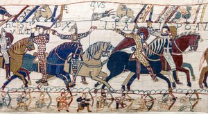 Herzog Wilhelm zeigt seinem Heer das Gesicht, Bayeux-Tapete (Wollstickerei auf Leinen)