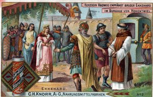 Ekkehard IV. von St. Gallen oder Eckhard, Eckhart (980-1057) Gelehrter und lateinischer Dichter. Herzogin Hadwig empfängt Bruder Ekkehard im Hof der Burg Hohentwiel. Verso: „Bruder Ekkehard, den die Herzogin in ihre Burg beauftragte... von Unknown artist