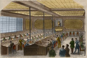 Elektrische Telegrafie: Ansicht der Zentralstation der Telegrafenleitungen im französischen Innenministerium in Paris. Gravur von 1856 in „Le Musée Des Sciences“. von Unknown artist