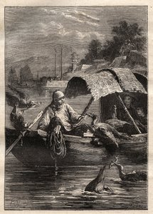 Botschaft von Lord George McCartney (1737-1806) in China (1792-1793): Der Vogel Leut-ze, steht für das Fischen (Kormoranfischen) - Illustration aus „Die großen Seefahrer des 18. Jahrhunderts“