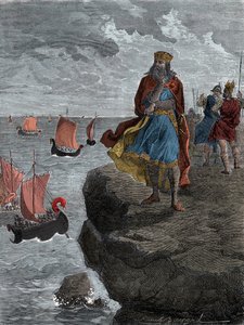 Kaiser Karl der Große (Carlo Magno) beobachtet die Ankunft der Normannenschiffe - König Karl der Große (742/747-814), König der Franken, blickt auf Schiffe voller eindringender Nordmänner herab