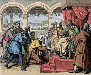 Kaiser Friedrich I. Barbarossa (1122-1190) (Friedrich I. von Hohenstaufen) auf seiner zweiten Reise nach Italien 1158 überquert den Fluss Adda und trifft die Leute von Lodi, die ihn bitten, ihr Territorium zurückzubekommen