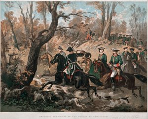 Kaiser Napoleon III (1808-1873) und seine Frau Eugenia de Montijo (1826-1920) spazieren durch den Wald von Compiegne. Farblithographie um 1855. Mailand, Museo del Risorgimento von Unknown artist