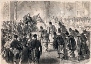 Kaiser Napoleon III. und Kaiserin Eugénie de Montijo empfangen feierlich die japanischen Botschafter in den Tuilerien in Paris am 13. April 1862. Gravur in „Le Monde illustré“ von 1862. Private Sammlung.