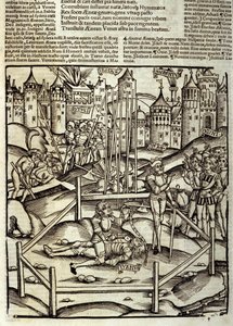 Eneide von Virgil (70 v. Chr.-19 v. Chr.), Buch XII, der trojanische Held Äneas tötet Turnus im Kampf unter den Augen der Latiner und Rutuler. Holzschnitt von Sebastian Brant (1458-1521). Straßburg