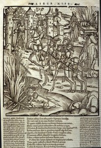 Eneide von Vergil (70 v. Chr.-19 v. Chr.), Buch XIII (Supplementum), die trojanischen Helden Aeneas empfangen die Latiner, Opfer werden zu Ehren der Kriegsopfer gebracht. Xylographie von Sebastian Brant (1458-1521). Straßburg