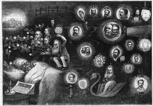 Englische elektrische Karikatur. - Der Traum einer Gasgesellschaft. Sir HENRY CHATLEY TYLER, britischer Förderer des Brush-Systems. - 2. GEORGES OFFOR, Chefingenieur der South Eastern Brush Electric Co. - 3. ROBERT HAMMOND, Förderer der Hammond Electric Li