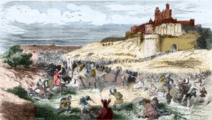 Gravur: Kreuzzug gegen die Katharer - Albigenser - Eroberung von Béziers am 21. Juli 1209 durch Simon de Montfort (Simon IV., Graf von Montfort), die 7000 Einwohner werden massakriert und die Stadt geplündert und verbrannt - Gravur in "Histoire De France E von Unknown artist