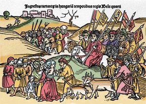 Einzug der Tataren in Ungarn unter der Herrschaft von Bela IV. (1235-1270) von Ungarn. Gravur aus „Chronica Hungariae“. Biblioteca Marciana, Venedig von Unknown artist