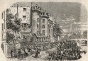 Eingang der Polizeipräfektur durch die Rue de Jerusalem an der Ecke des Quai des Orfevres in Paris im 19. Jahrhundert vor 1871 - Gravur in 