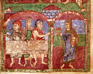 Episode aus dem Leben der Heiligen Radegunde von Poitiers (519-587), Ehefrau von Chlothar I., König der Franken: Radegunde bei ihren Wohltätigkeitsarbeiten, sie bedient die Armen. Miniatur aus einem Manuskript des 11. Jahrhunderts. Stadtbibliothek von Poit