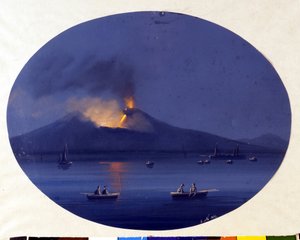Nächtlicher Ausbruch des Ätna vom Meer vor Catania aus gesehen. Anonymes Gemälde aus dem 19. Jahrhundert. von Unknown artist