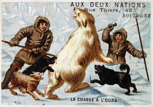 Eskimos, Bärenjagd, Werbung des Geschäfts „aux deux nations“, Boulogne, ca. 1895