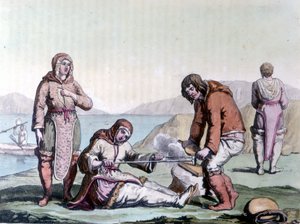 Eskimos machen Feuer, indem sie Holzstücke aneinander reiben.