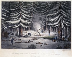 Errichtung eines Lagers während einer Winternacht - in „Narrative of a Journey to the Shores of the Polar Sea in the Years 1819-1821“ von John Franklin, herausgegeben in London