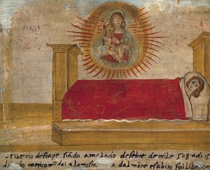 Ex-voto, das Madonna und Kind mit Patient im Bett darstellt