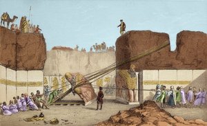 Ausgrabungen von Ninive - Die Ruinen von Nimrud von Henri Layard (nach seiner Reise nach Mesopotamien im 19. Jahrhundert); Ersatz des großen Flügelstiers - Der Versand eines geflügelten Stiers aus Nimrud während der Ausgrabungen von Sir Austen Henry