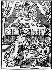 Exorzismus: ein Dämon verlässt den Körper einer besessenen Hexe, während ein Priester ihr die Kommunion anbietet - Gravur aus „Prodigious Stories“ von Pierre Boaistuau