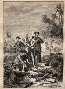Expedition von Jean Francois de Surville (1717-1770) in die Südsee (1769-1770): die Matrosen von Surville sammeln die Waffen der Eingeborenen, die während der Schlacht starben (Neuirland, Papua-Neuguinea) - Illustration aus „The Great Mariners