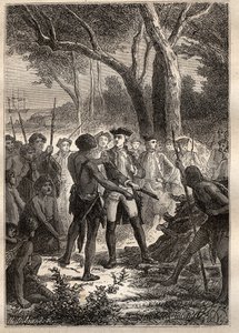 Expedition von Nicolas Thomas Marion-Dufresne (Marion Dufresne) (1729-1772): Marion landete in der Frederick Henry Bay (Tasmanien) und wurde von den Einheimischen mit einem brennenden Brand begrüßt - Illustration aus „Die großen Seefahrer des 18. Jahrhunde