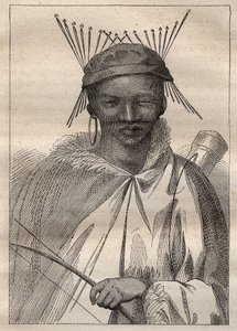 Expedition ins Landesinnere von Südafrika (1775) von Anders Sparrman (1748-1820): ein Boschiman (Bochiman oder San, Ureinwohner des südlichen Afrikas) - Illustration aus „The Great Mariners of the 18th century“