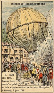 Erfahrung vom 5. Juni 1783 durch die Brüder Montgolfier in Annonay. Chromo aus dem späten 19. Jahrhundert. von Unknown artist