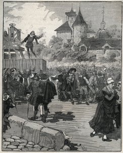 Erfahrung des mechanischen Prägens durch Nicolas Briot (Graveur du Royaume de France) (1579-1646) im Jahr 1616. Gravur von 1885 in „Les arts et metiers illustres“ von Adolphe BITARD