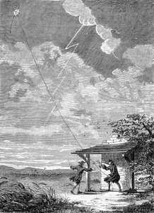 Experiment des elektrischen Drachens durchgeführt in Philadelphia von Benjamin Franklin, September 1752 - Gravur