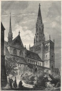 Außenansicht der Kathedrale Notre Dame in Konstanz, Deutschland. Gravur in „The Universe illustrious“ von Unknown artist
