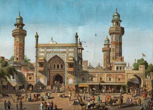 Außenansicht der Wazir-Khan-Moschee in Lahore, Pakistan. Gravur in „The Illustrated London News“ vom 22. Mai 1858.