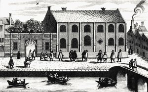 Außenansicht des Gebäudes der Universität Leiden, gegründet 1575 von Guillaume de Nassau. Gravur nach „Illustrium Hollandiae, etc, Ordinum, Alma academia Leydensis“