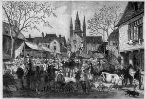 Jahrmarkt in der Bretagne auf dem Platz eines Dorfes. Gravur in "Le Monde Illustré"