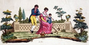 Familie in einem Park. Gravur aus dem frühen 19. Jahrhundert.