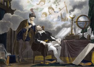 Faust und Mephistopheles - Faust wird von Mephistopheles versucht - Gravur von Unknown artist