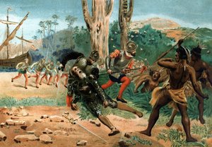 Fernand de Magellan starb (ca. 1480-1521), portugiesischer Seefahrer, getötet auf der Insel Mactan (Philippinen) am 27. April 1521. nach hombres y Mujeres celebres. Barcelona 1877. von Unknown artist