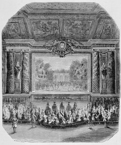 Fest von Ludwig XIV, von Herzog von Saint Aignan (Komödie in Musik, gespielt im Park von Versailles) Gravur von Unknown artist