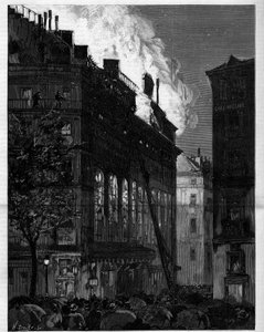 Brand der Opéra Comique in Paris, gesehen von der Rue Marivaux und dem Boulevard des Italiens am 26. Mai 1887. Gravur in „Le Monde illustré“