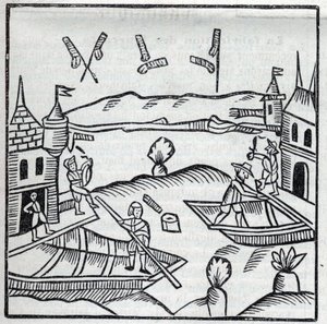 Feuerwerk und Feuerwerkskörper: Feuerwerk auf dem Wasser. Reproduktion der Gravuren aus dem Werk des französischen Jesuiten Jean Leurechon La Récréation Mathématique, ou Entretien Facétieux sur Plusieurs Plaisants Problèmes, en Fait d