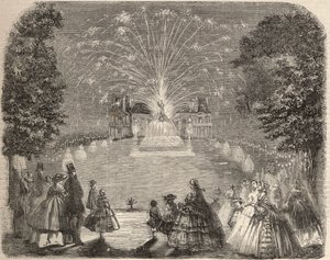 Feuerwerk und Beleuchtung des Schlosses Maison Laffitte am Abend des Wettbewerbs des Landwirtschaftsausschusses. Gravur in „Le Monde illustré“ von 1857. Private Sammlung. von Unknown artist