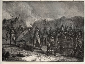 Erste Koalition: Oberst Antoine Guillaume Rampon (1759-1842) in der Schlacht von Montenotte am 12. April 1796, während des Italienfeldzugs, der die französischen Truppen von Napoleon Bonaparte gegen die österreichischen und sardischen Armeen stellte - Fran