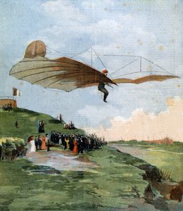 Erster Gleitflugtest von Otto Lilienthal (1848-1896), einem deutschen Ingenieur, auf seinem Flugzeug im Jahr 1894