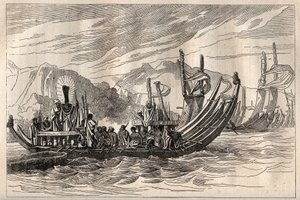 Erste Reise (1768-1771) von Kapitän James Cook (1728-1779): die Tahiti-Flotte versammelt sich in Oparee - Illustration aus „Die großen Seefahrer des 18. Jahrhunderts“ von Unknown artist