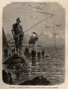 Fischer der Yedo-Bucht (oder Edo, dem heutigen Tokio), von einem Adler ergriffen, bei Ebbe, die Boote legen die Fischer auf trockene Steine in der Bucht, diese bleiben aufrecht, bewegungslos und fischen mit dem Haken die Fische, die sie in eine lange von Unknown artist