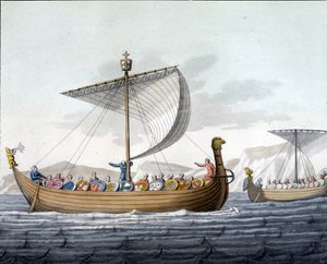 Flotte von Wilhelm I. dem Eroberer (1027 - 1087) segelt nach England - in „Die alte und moderne Tracht“ von Ferrario, ed. Mailand